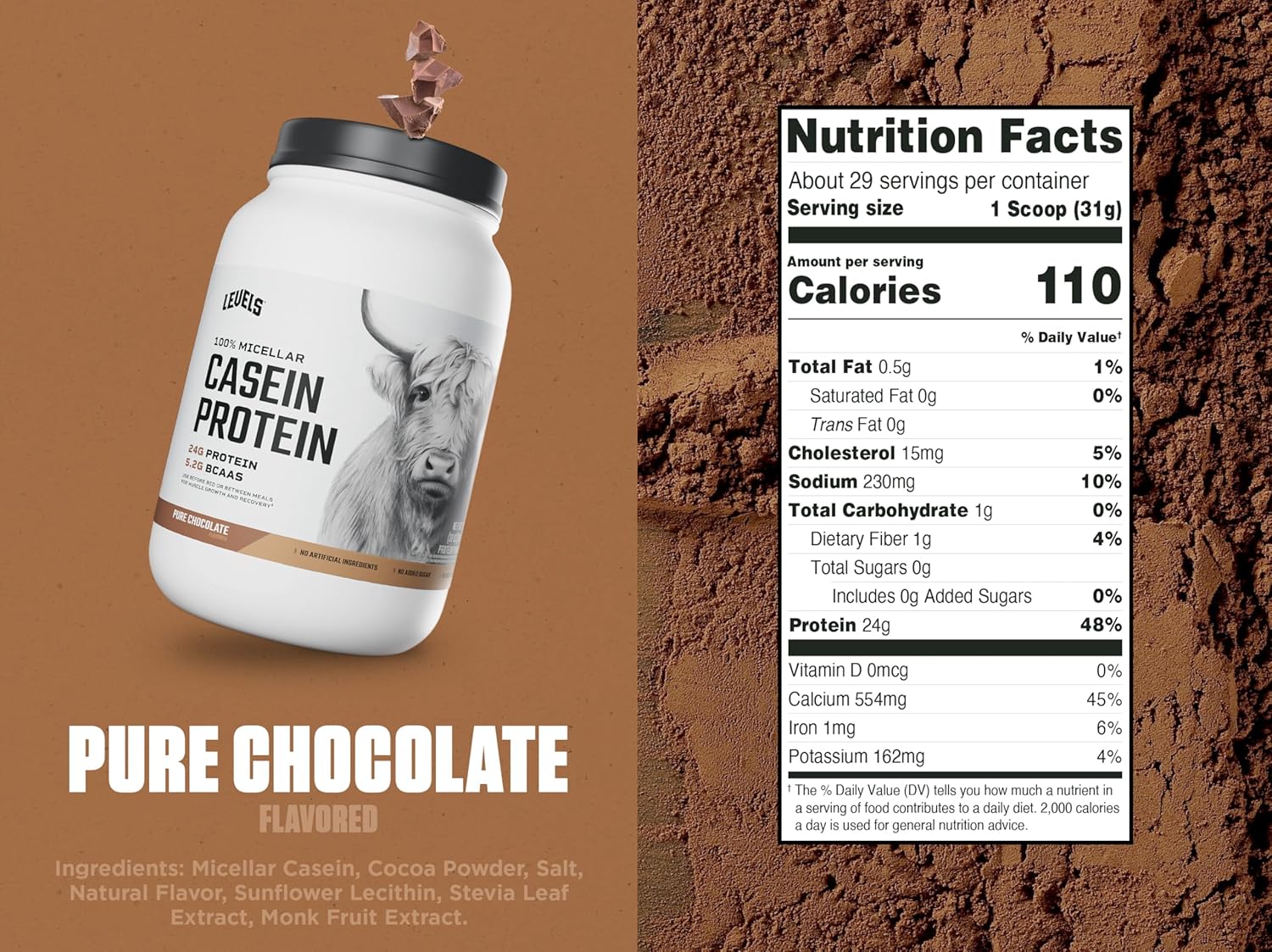 Levels 100% Micellar Casein Protein, Hormone Free, Chocolate, 2LB