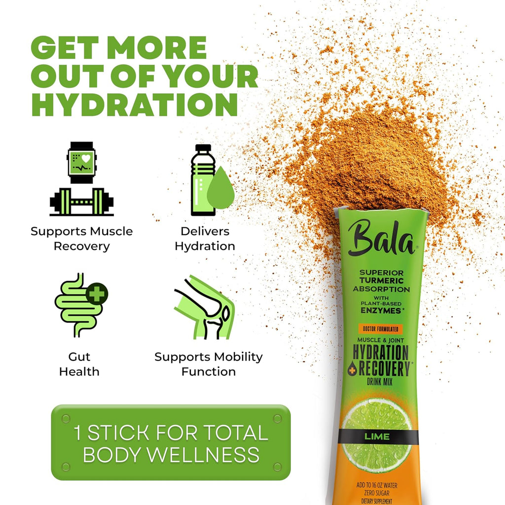 Bala Enzyme - Total Body Wellness Drink Mix - Lime Flavor - Hydrate & Recover with Electrolytes, Turmeric & Amino Acids - 0.25oz (12 Count)