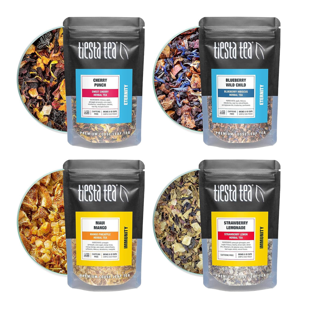 Tiesta Tea - Fruity Tea Sampler Dry Flight Set, Loose Leaf, No Caffeine, Makes Hot and Iced, Assorted Fruit Brews with Mango, Peach, Orange Drinks & More, 8 Resealable Sample Pouches