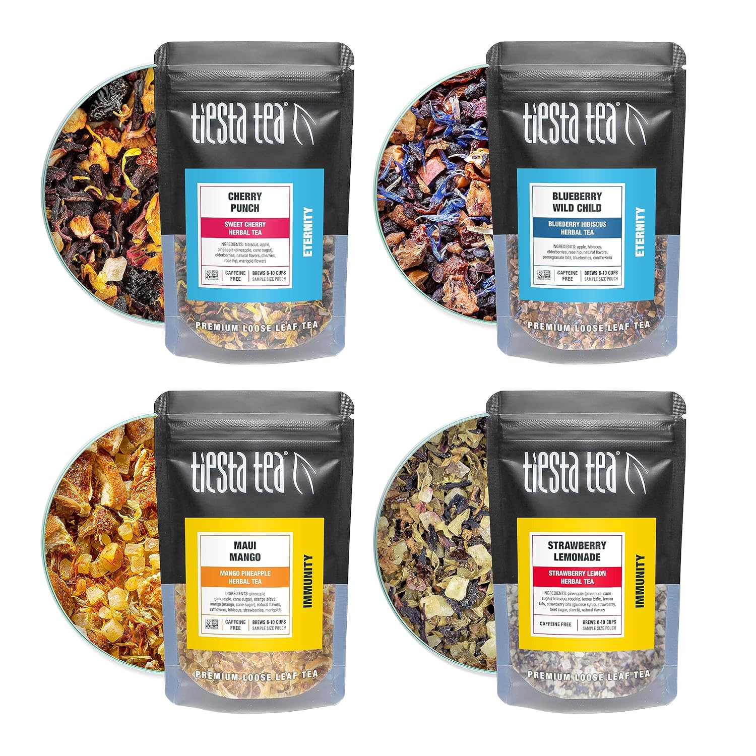 Tiesta Tea - Fruity Tea Sampler Dry Flight Set, Loose Leaf, No Caffeine, Makes Hot and Iced, Assorted Fruit Brews with Mango, Peach, Orange Drinks & More, 8 Resealable Sample Pouches