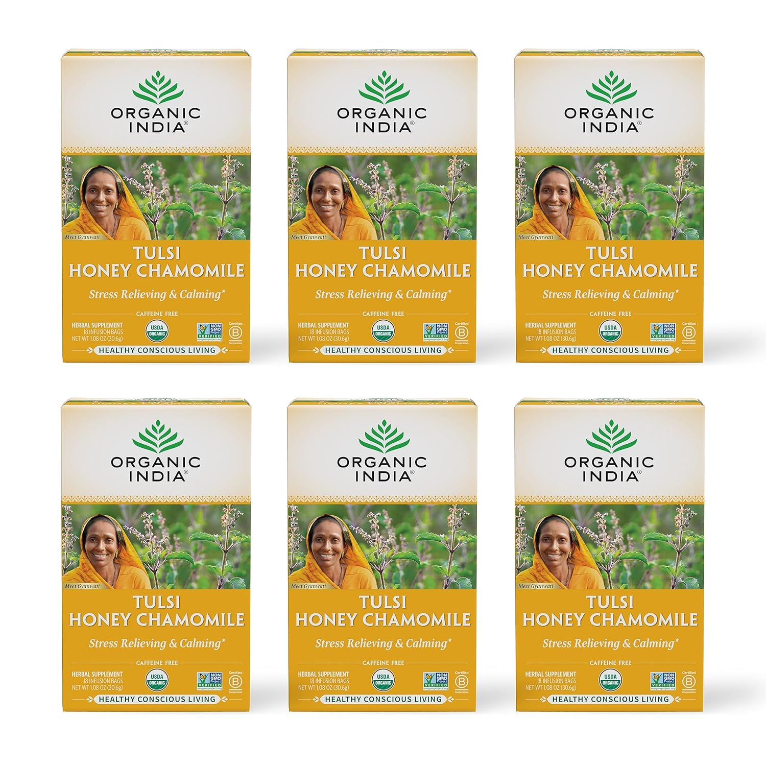 Organic India Tulsi Honey Chamomile Tea Bags - Herbal Tea for Stress Relieving & Calming, Immune Support, Adaptogen, Gluten-Free, USDA Certified Organic, Caffeine-Free - 18 Infusion Bags, 6 Pack