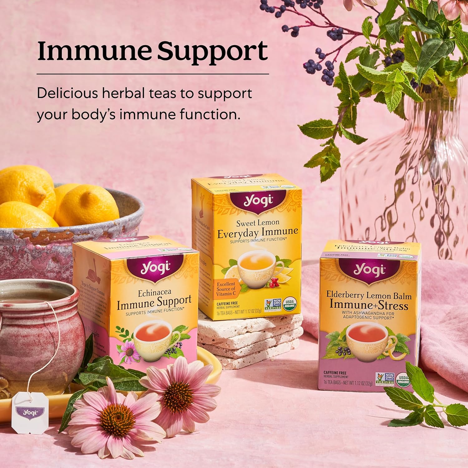Yogi Tea Elderberry Lemon Balm Immune & Stress Tea - 16 Tea Bags per Pack (6 Packs) - Organic Immune Support Tea - Includes Ashwagandha Root, Lemon Balm Leaf, Lemongrass, Licorice Root & More.