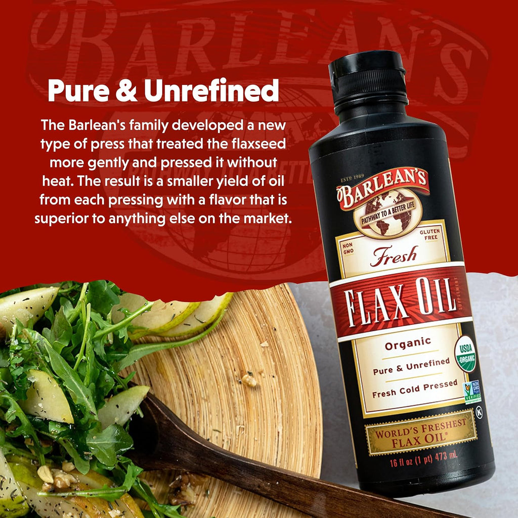 Barlean's Organic Flaxseed Oil Liquid, Cold Press Flax Seeds, 7,640mg ALA Omega 3 Fatty Acid Supplement for Joint and Heart Health & Healthy Digestion, 32 oz