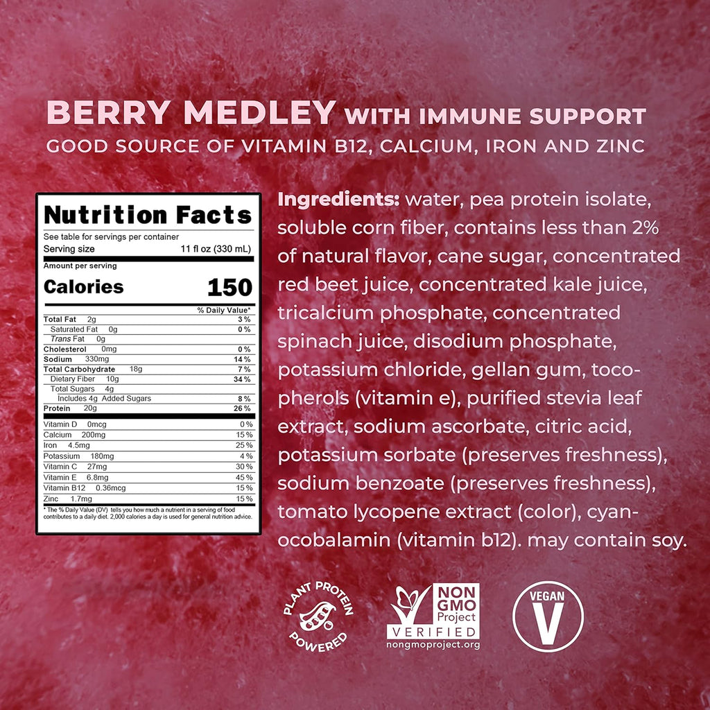 Evolve Plant Based Protein Shake, Berry Medley, 20g Vegan Protein, Immune Support, Vitamin C & Zinc, Dairy Free, No Artificial Sweeteners, Non-GMO, 10g Fiber, 11oz, (12 Pack) (Formula May Vary)