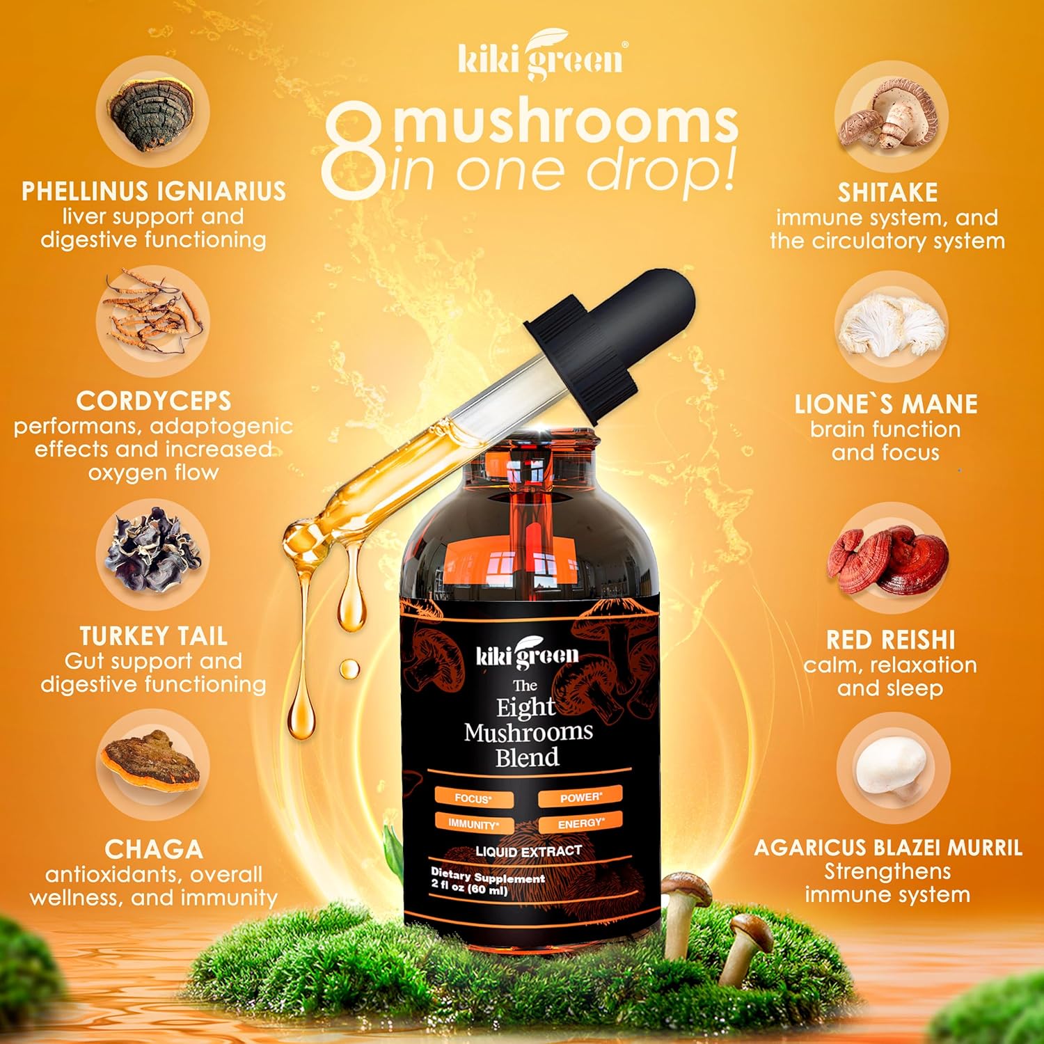 Kiki Green 8 Mushrooms Liquid Extract Drops - Adaptogenic Complex for Cognitive Support, Immunity Boost - Lions Mane Supplement, Cordyceps, Chaga, Reishi, Shiitake, Maitake, Red Reishi