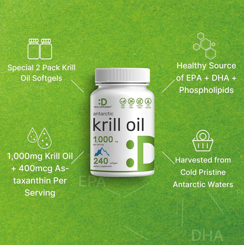 DEAL SUPPLEMENT 2 Pack Antarctic Krill Oil, 1,000mg Per Serving, 480 Softgels – Mercury Free, No Fishy Taste – Rich in Omega-3s, EPA, DHA, Astaxanthin, & Phospholipids – Non-GMO, No Gluten