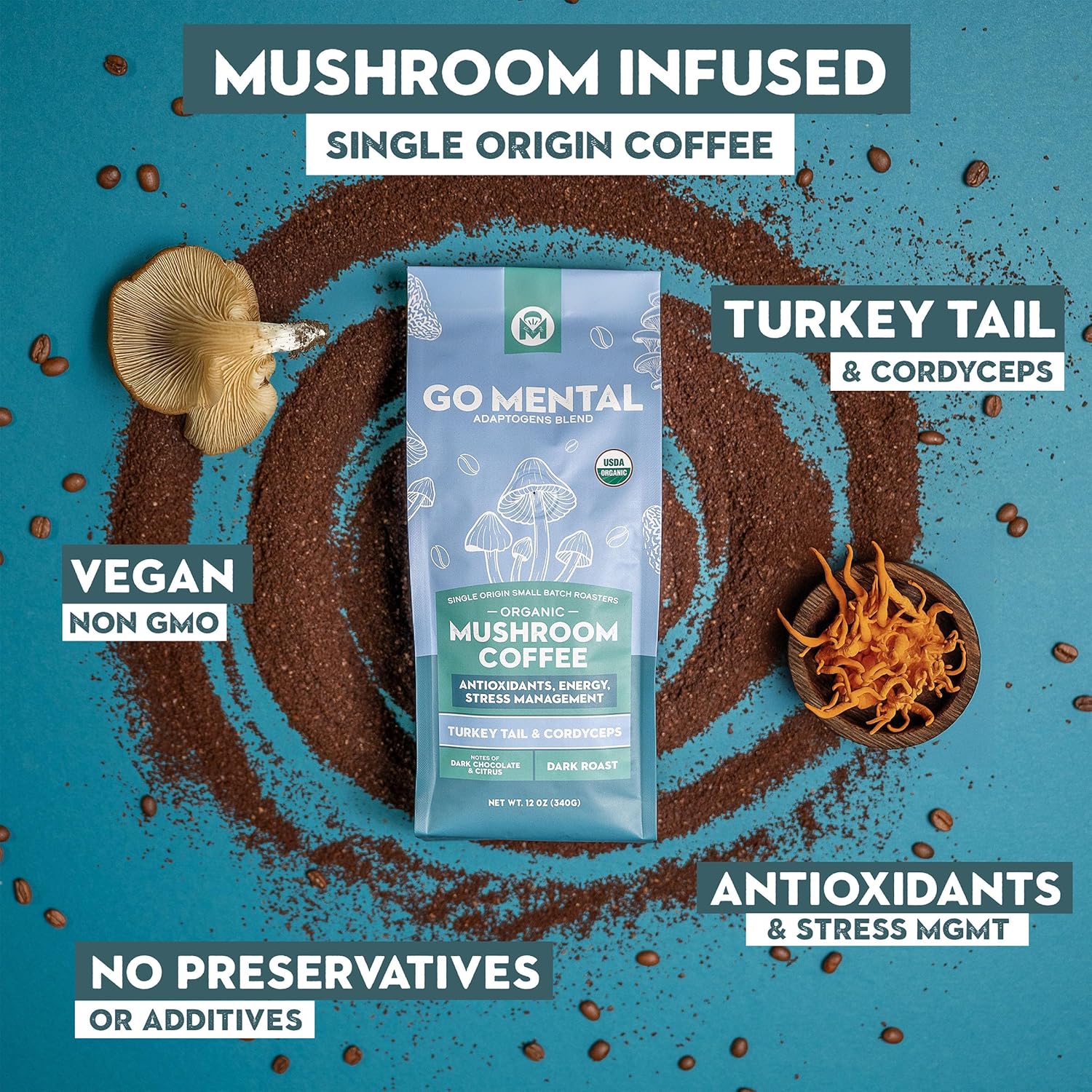 Organic Turkey Tail & Cordyceps Mushroom Coffee Dark Roast, Antioxidants, Immune System Support, overall wellness, Grade 1 Single Origin Peruvian | 12oz - Ground (2 Pack)