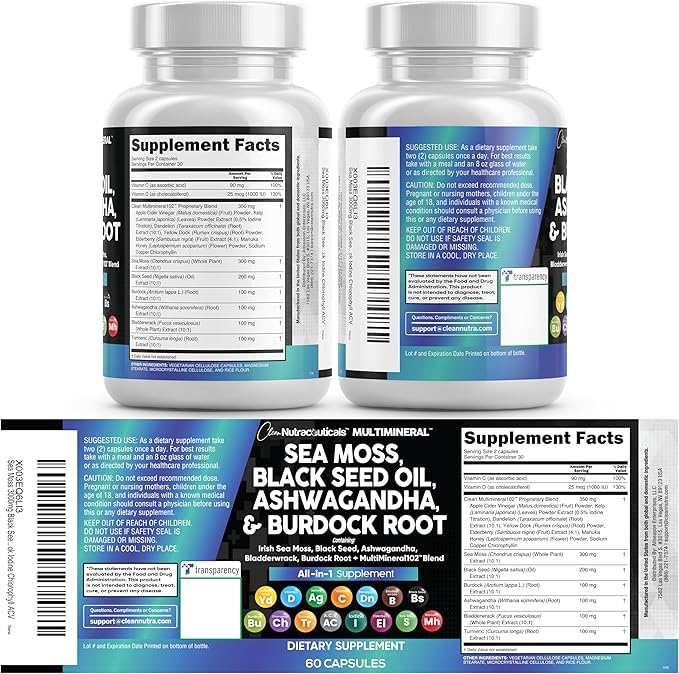Clean Nutraceuticals Sea Moss Black Seed Oil Ashwagandha Turmeric Bladderwrack Burdock & Vitamin C Vitamin D3 with Elderberry Manuka Dandelion Yellow Dock Iodine Chlorophyll ACV - 2Pack
