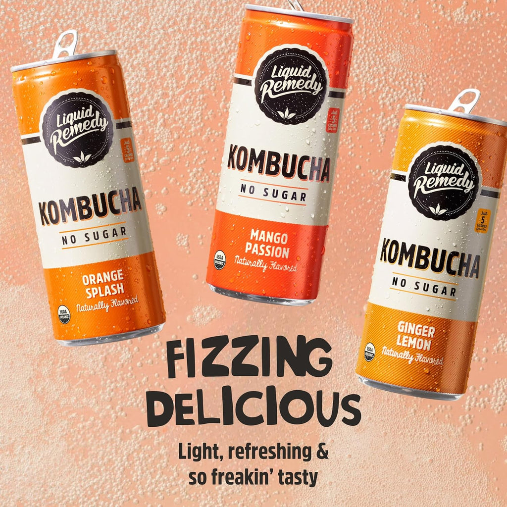 Liquid Remedy Kombucha Sugar Free Organic Drink, Low Calorie, Probiotic Like Tea for Gut Health - Tropical Trio Variety Pack - 8.5 Fl Oz Can, 12-Pack