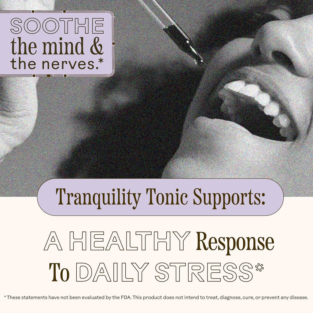 Wooden Spoon Herbs Tranquility Tonic | Organic Stress Relief & Sleep Aid Tincture | Unique Herbal Blend of Skullcap, Ashwagandha, Oat Tops, Holy Basil, Lavender | 2oz, 32 Servings