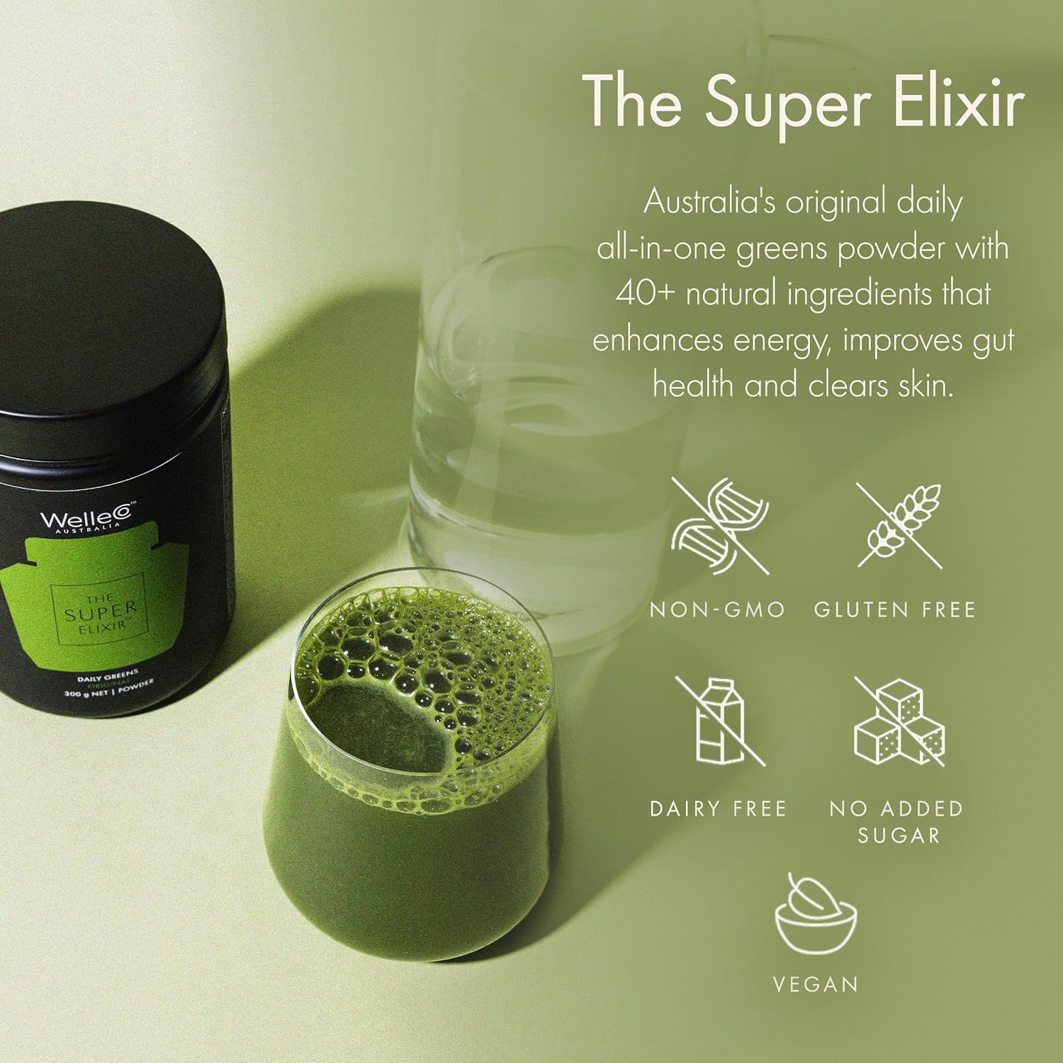 WelleCo The Super Elixir Daily Greens Powder, Probiotic Drink Mix with Whole Foods, Gluten Free, Vegan Gut Health Powder, Energy, Immunity, Healthy Skin, Hair & Nails (300g, Pineapple & Lime Jar)
