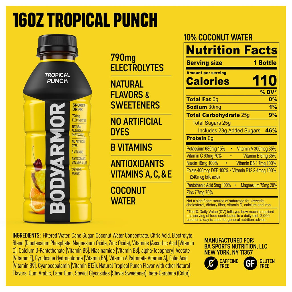 BODYARMOR Sports Drink Sports Beverage, Tropical Punch, Coconut Water Hydration, Natural Flavors With Vitamins, Potassium-Packed Electrolytes, Perfect For Athletes, 16 Fl Oz (Pack of 12)