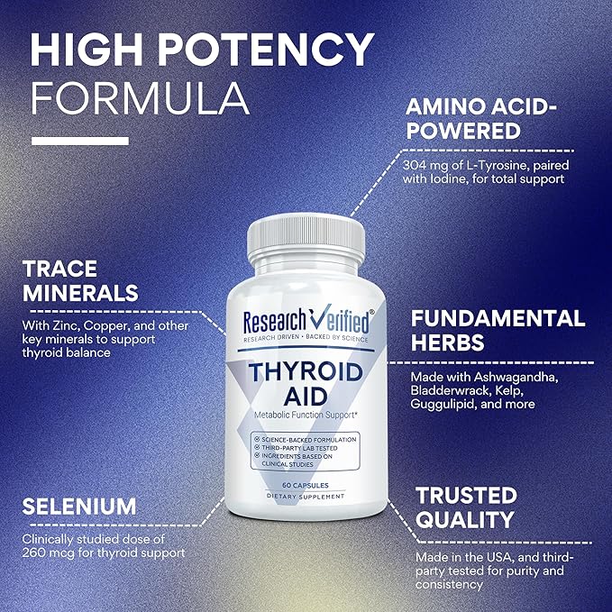 Research Verified® Thyroid Aid - Optimal Thyroid Function with Iodine, Copper & Zinc - 260 mcg Selenium - 100% Pure - Vegan Friendly - 60 Capsules Per Bottle - 6 Bottles