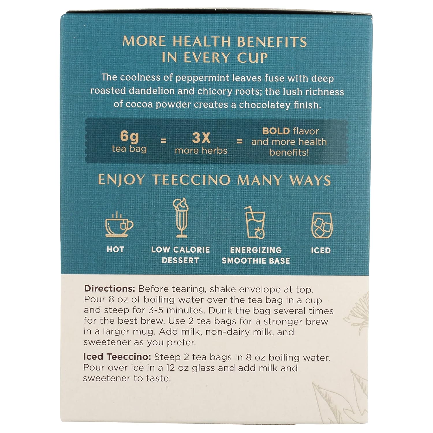 Teeccino Dandelion Mocha Mint Tea - Caffeine Free, Roasted Herbal Tea with Prebiotics, 3x More Herbs than Regular Tea Bags, Gluten Free - 10 Tea Bags