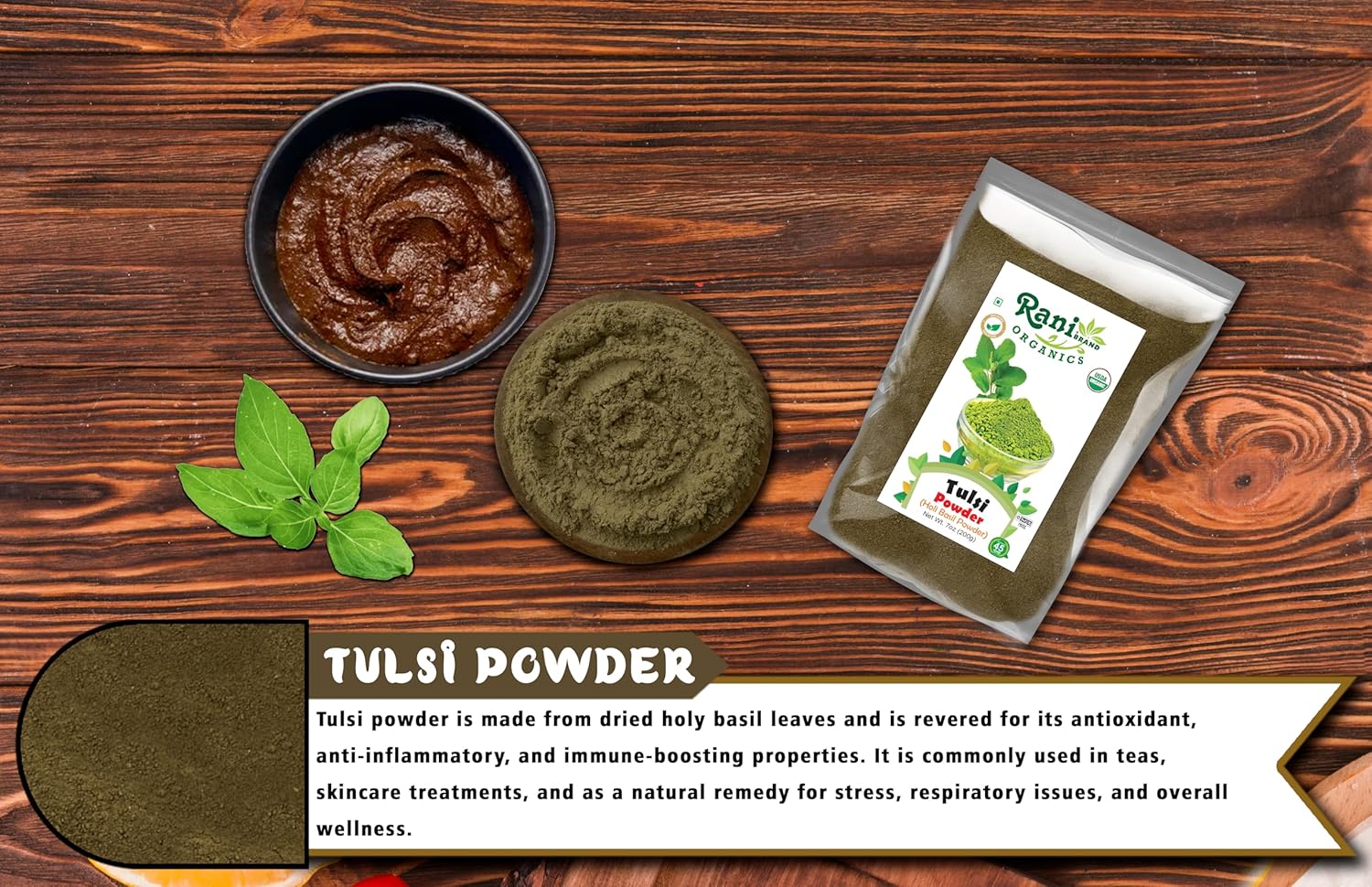 Rani Organic Tulsi Powder (Holi Basil Powder) 7oz (200g) ~ All Natural | No Color | Gluten Friendly | Vegan | NON-GMO | Kosher | No Salt or fillers | Indian Origin | USDA Organic Certified