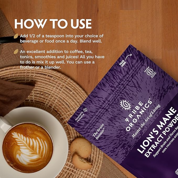 TRIBE ORGANICS Lion’s Mane Powder - Organic Mushroom Extract Powder - Immune System Booster & Brain Nootropic for Focus and Memory - Natural Energy and Immunity - 100g Pouch - 100 Servings