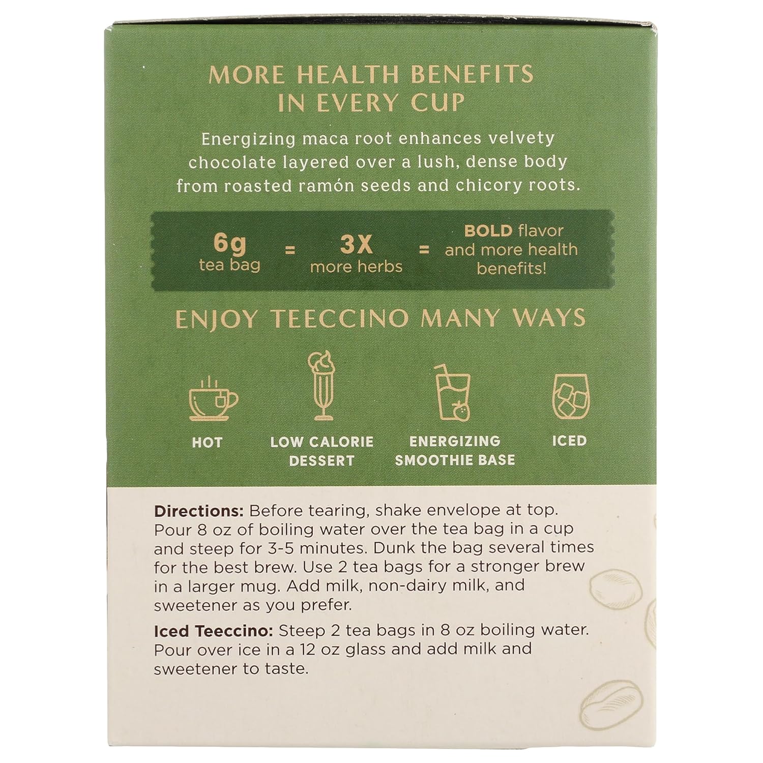 Teeccino Maca Chocolaté Herbal Tea - Rich & Roasted Herbal Tea That’s Caffeine Free & Prebiotic with Natural Energy from Adaptogenic Peruvian Maca, 10 Tea Bags (Pack of 6)