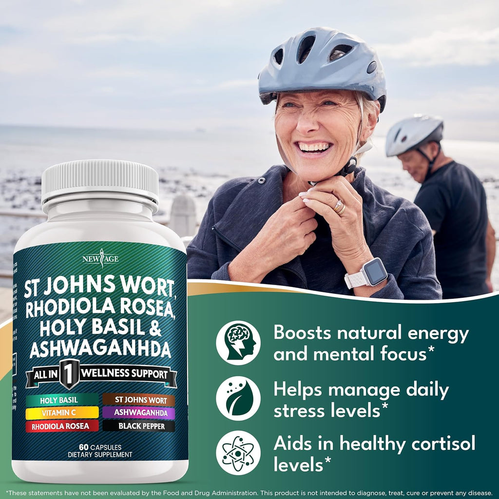 NEW AGE St Johns Wort, Rhodiola Rosea, Holy Basil, Ashwagandha - Support for Women and Men with Vitamin C & Black Pepper Extract - 120 Count