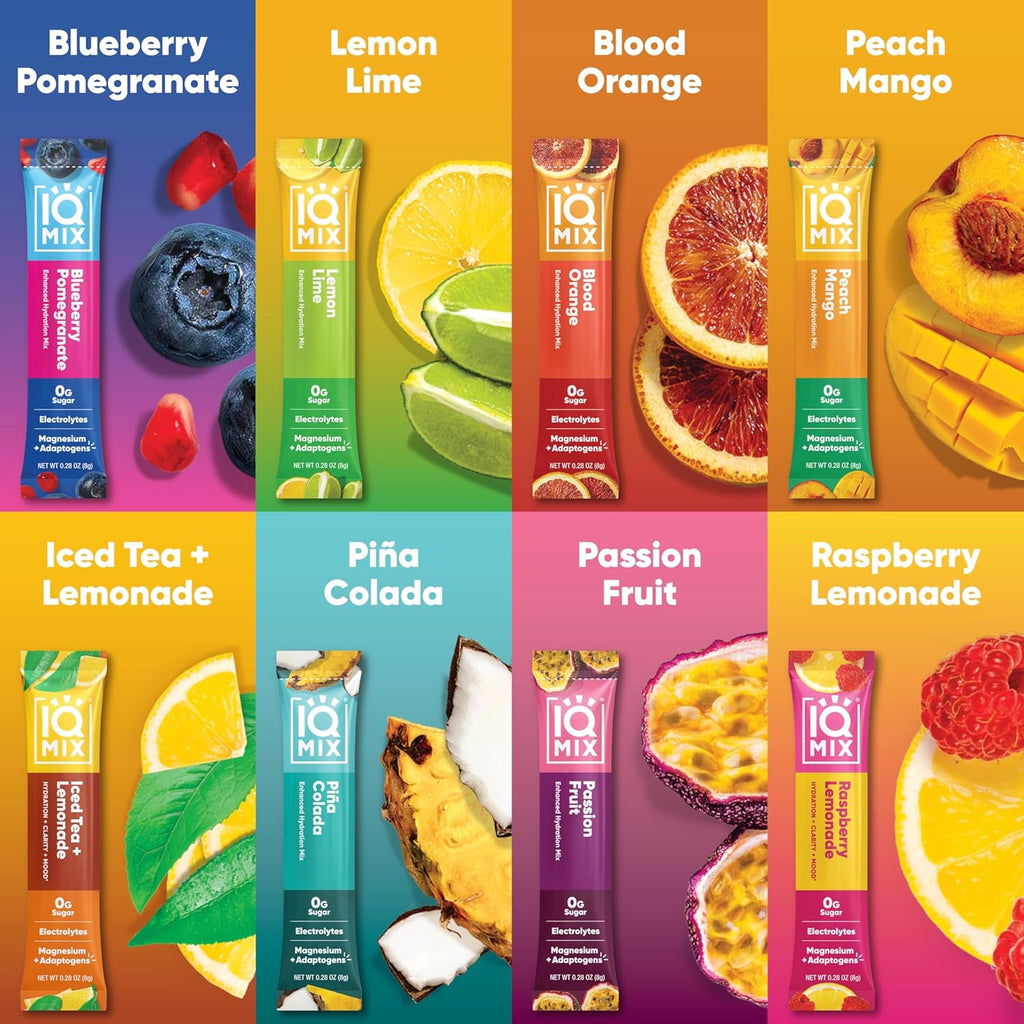 IQMIX Hydration Electrolyte Powder - 4-in-1 Formula for Hydration, Mental Clarity, Mood & Recovery - Sugar-Free, Keto Drink Mix with Magnesium L-Threonate & Lion’s Mane - 8-Count Sampler (All Flavors)