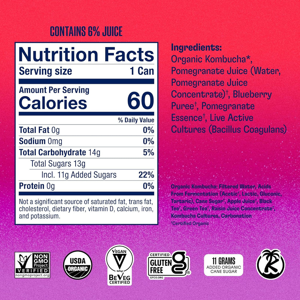 Health-Ade Pomegranate Blueberry Kombucha, Organic Drink, 12-Pack (11.5 Fl Oz Cans) - Fermented Tea with Probiotics, Detoxifying Acids, Supports Gut Health - Non-GMO, Vegan, Gluten-Free