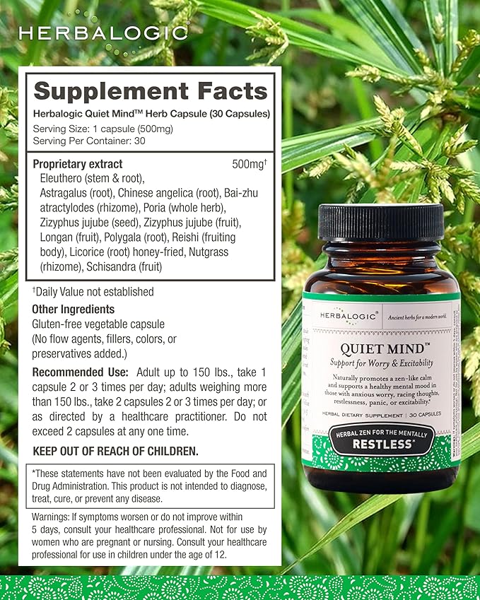 Herbalogic - Quiet Mind Herb Capsules - Non-Sedating, Promotes a Feeling of Zen-Like Calm - Eases Anxious Worry and Panicky Mood - Based on The Traditional Chinese Formula GUI Pi Tang - 30 Cap Count