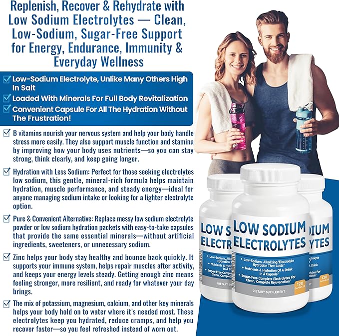 Low Sodium Electrolytes Only 23mg Serving 120 Servings Almost No Sodium Electrolyte Supplement, Sugar Free Fast Hydration Potassium, Magnesium, Zinc, C & More Kidney Friendly Low Sodium Electrolytes
