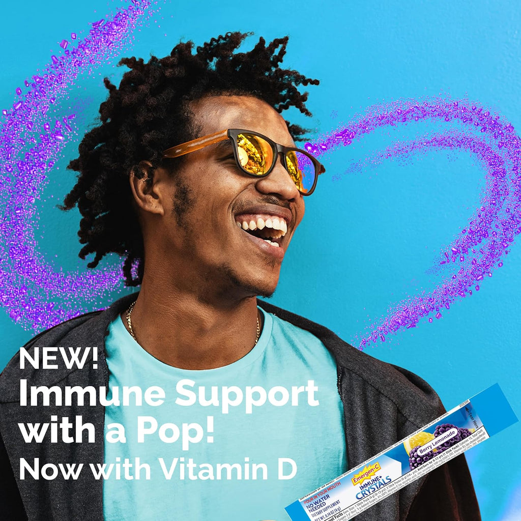 Emergen-C Immune Plus Crystals, On-The-Go Immune Support Supplement with Vitamin C, Vitamin D, B Vitamins, Zinc and Manganese, Berry Lemonade, Back to School Essentials - 28 Stick Packs