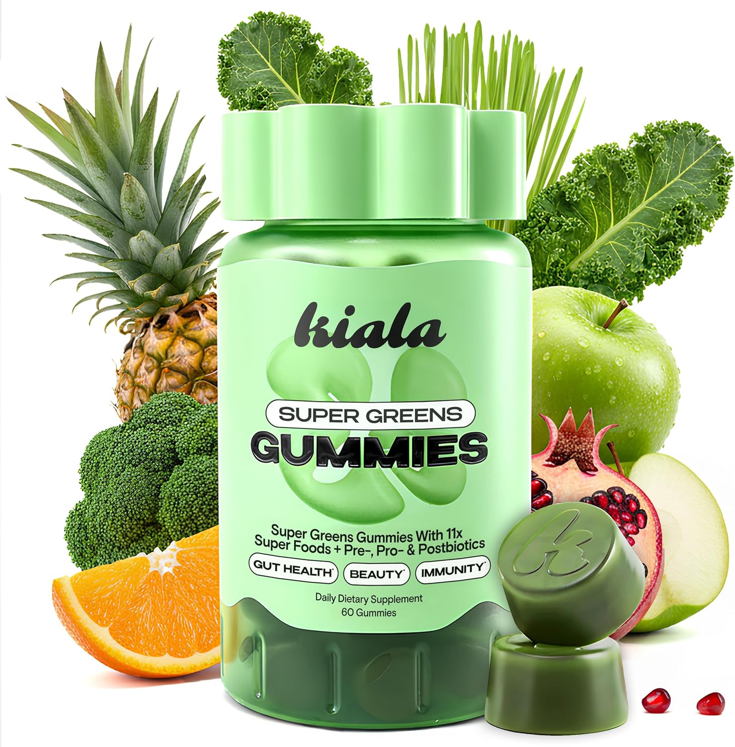 Kiala Nutrition Super Greens Gummies with 11x Organic Greens, Pre, Post & Probiotics, Antioxidants Superfood Gummy Fiber Supplement Supports Gut Health & Digestion, Dairy Free, Vegetarian, 60 Gummies