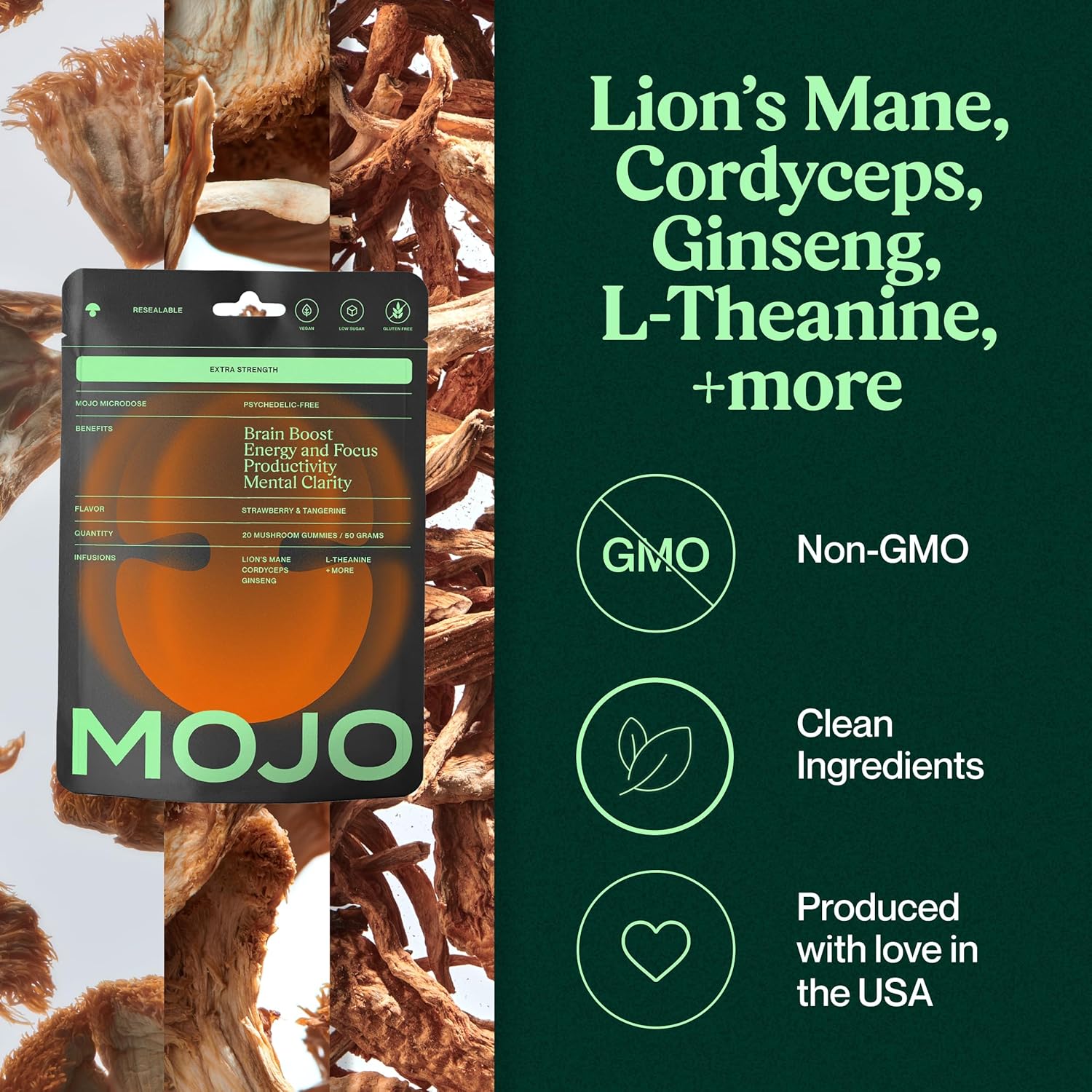 Mojo Focus Gummies with Lion’s Mane, Panax Ginseng, Ginger Root, Cordyceps, SAM-e, and Nootropics, Energy and Focus Supplement, Vegan, Strawberry Tangerine (20 Count - Pack of 1)