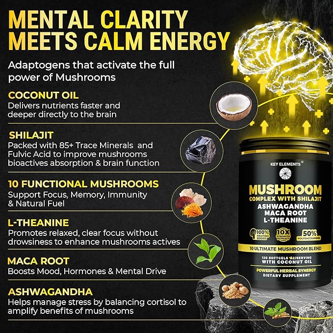 Organic Mushroom Complex with Shilajit & Coconut Oil - Lions Mane Mushroom Supplement with Ashwagandha and L-Theanine - Mushroom Nootropic for Memory, Focus & Immune Mushroom Capsules Softgels