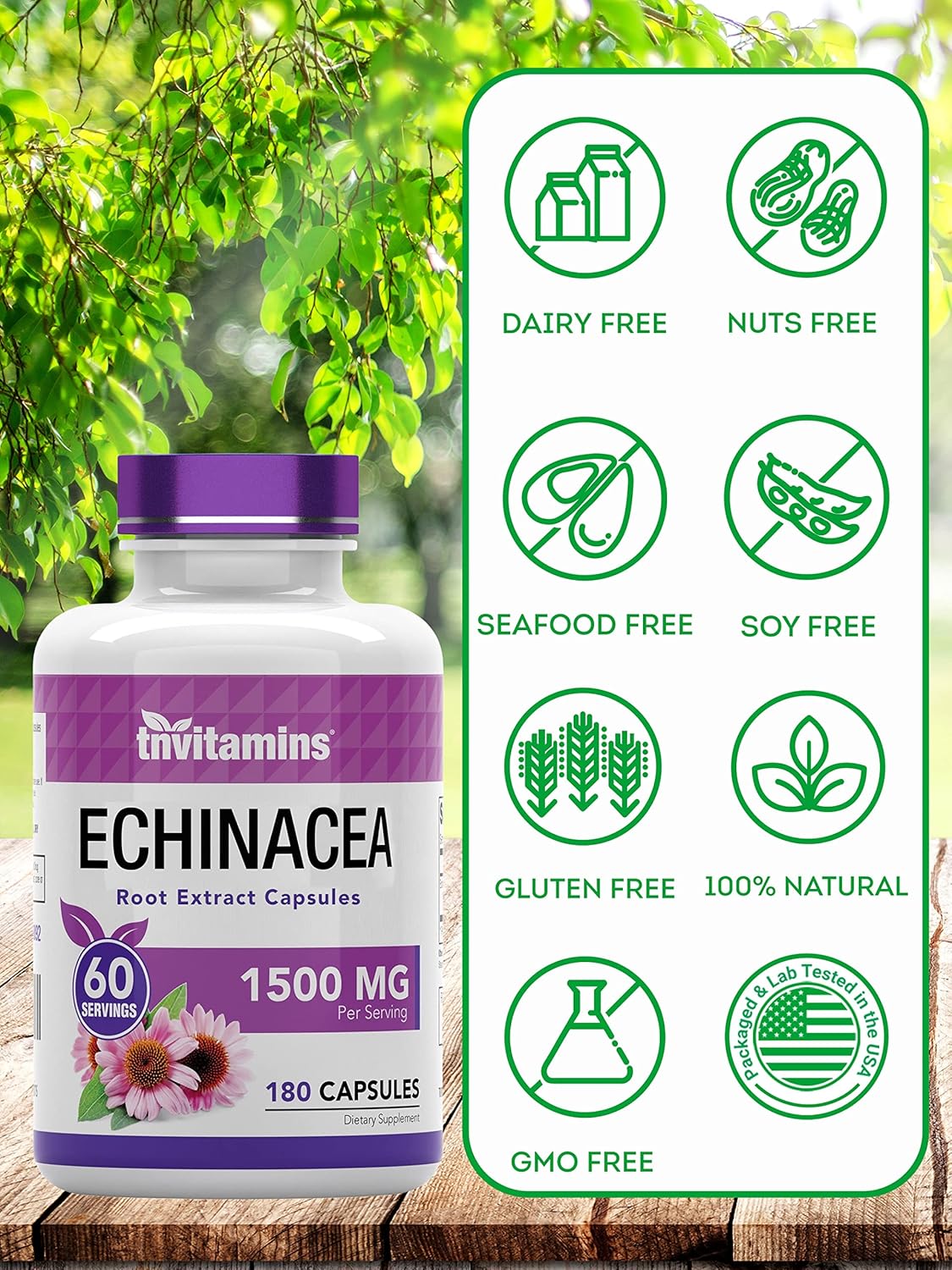 tnvitamins Echinacea Capsules (1500 mg Per Serving - 180 Capsules) | Supports Health & Well-Being | Echinacea Root Herbal Extract Supplement | Produced in The USA