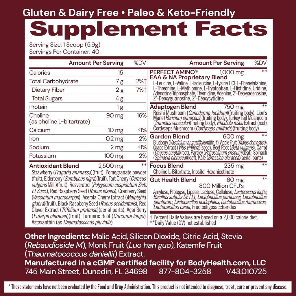 BodyHealth Reds Enhanced with PerfectAmino - Daily Superfood Smoothie Powder with Antioxidants, Adaptogens, Phytonutrients, Fruit, Prebiotics, Probiotics, Fiber, and Protein - 40 Servings