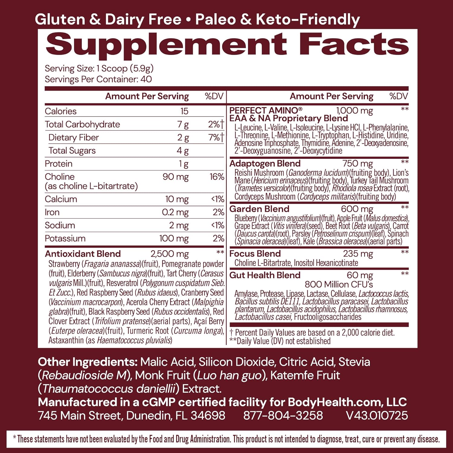 BodyHealth Reds Enhanced with PerfectAmino - Daily Superfood Smoothie Powder with Antioxidants, Adaptogens, Phytonutrients, Fruit, Prebiotics, Probiotics, Fiber, and Protein - 40 Servings