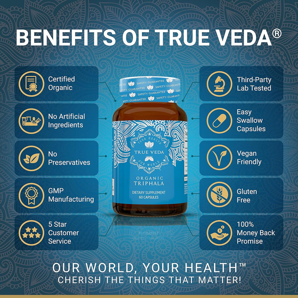 Triphala Capsules – USDA Organic Certified | Vegan Triphala Tablets | 100% Natural Herbal Triphala Guggulu Supplement | Natural Fusion Extract Potency | Ayurveda | 60 Caps | Trifala Churna