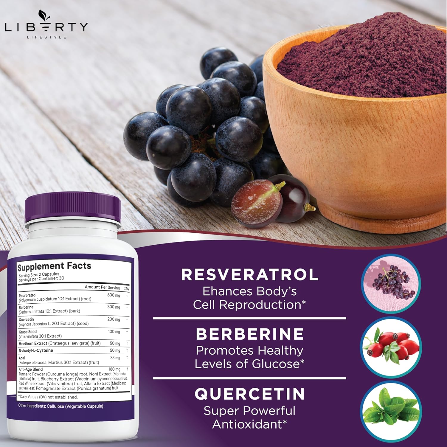 Resveratrol, Berberine, Grape Seed Extract, Quercetin, Polyphenol Supplement for Women and Men with Noni Extract, N-Acetyl Cysteine, Acai Extract (180 Count)