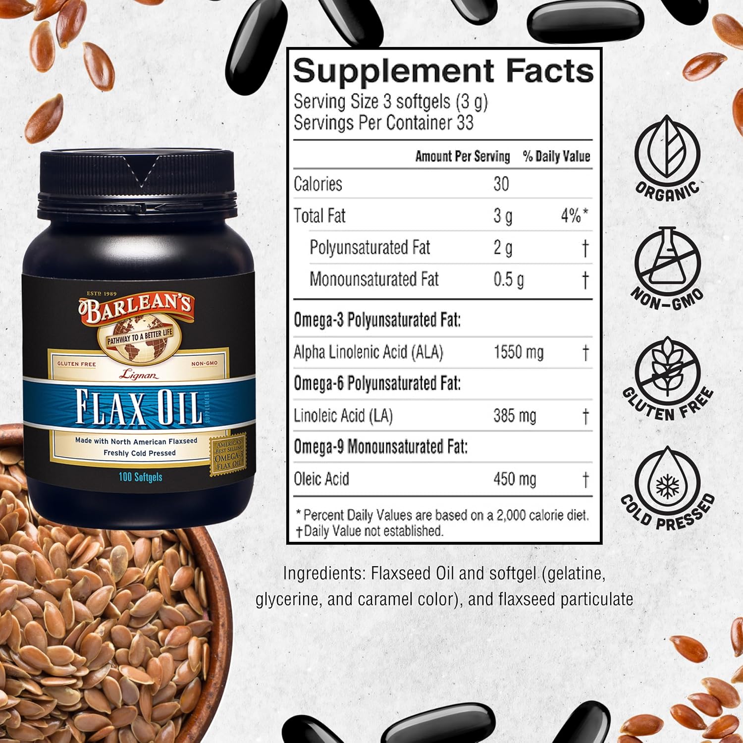 Barlean's Omega 3 6 9 Lignan Flaxseed Oil Supplements, Cold-Pressed Flax Seed Supplement Softgels with 1550 mg ALA Fatty Acids, 100 Count