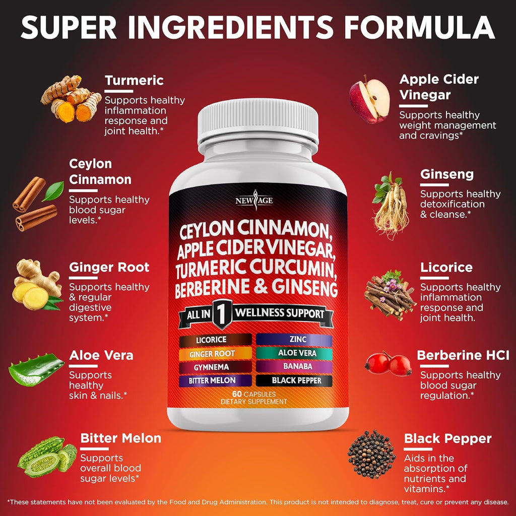 Ceylon Cinnamon, Turmeric, Apple Cider Vinegar, Ginseng, Aloe Vera, Berberine Plus Banaba, Ginger Root - 120 Count