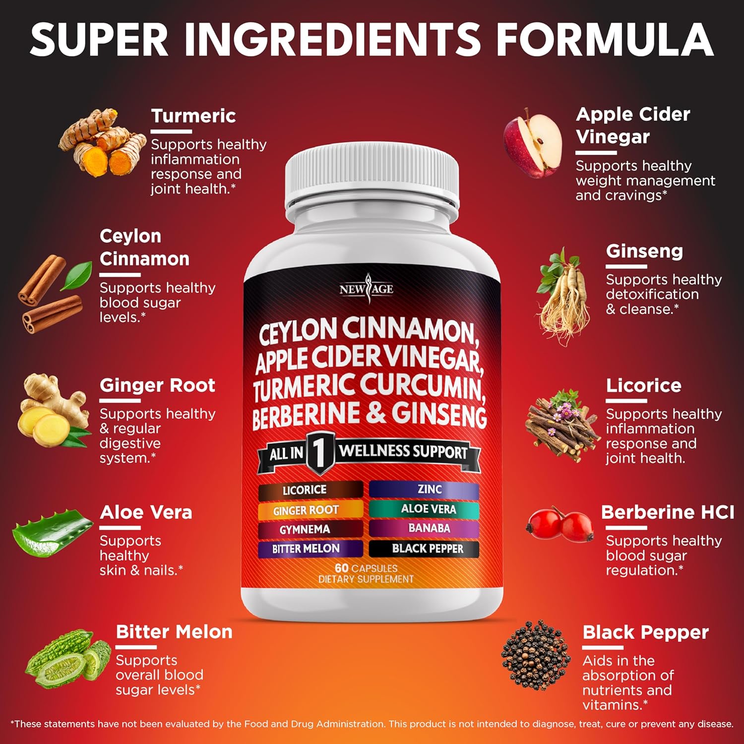 Ceylon Cinnamon, Turmeric, Apple Cider Vinegar, Ginseng, Aloe Vera, Berberine Plus Banaba, Ginger Root - 180 Count