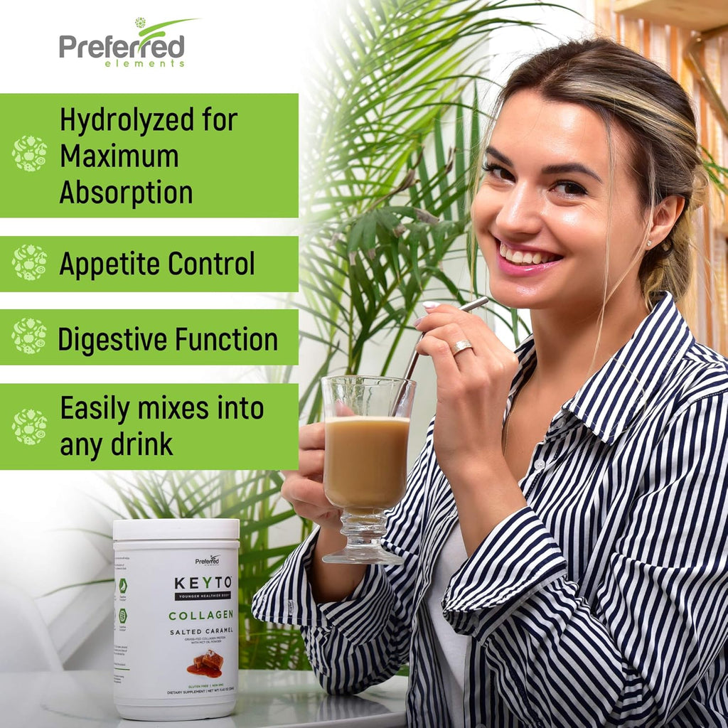 Keto Collagen Protein Powder with MCT Oil – Keto and Paleo Friendly Pure Grass Fed Pasture Raised Hydrolyzed Collagen Peptides KEYTO Salted Caramel Flavor