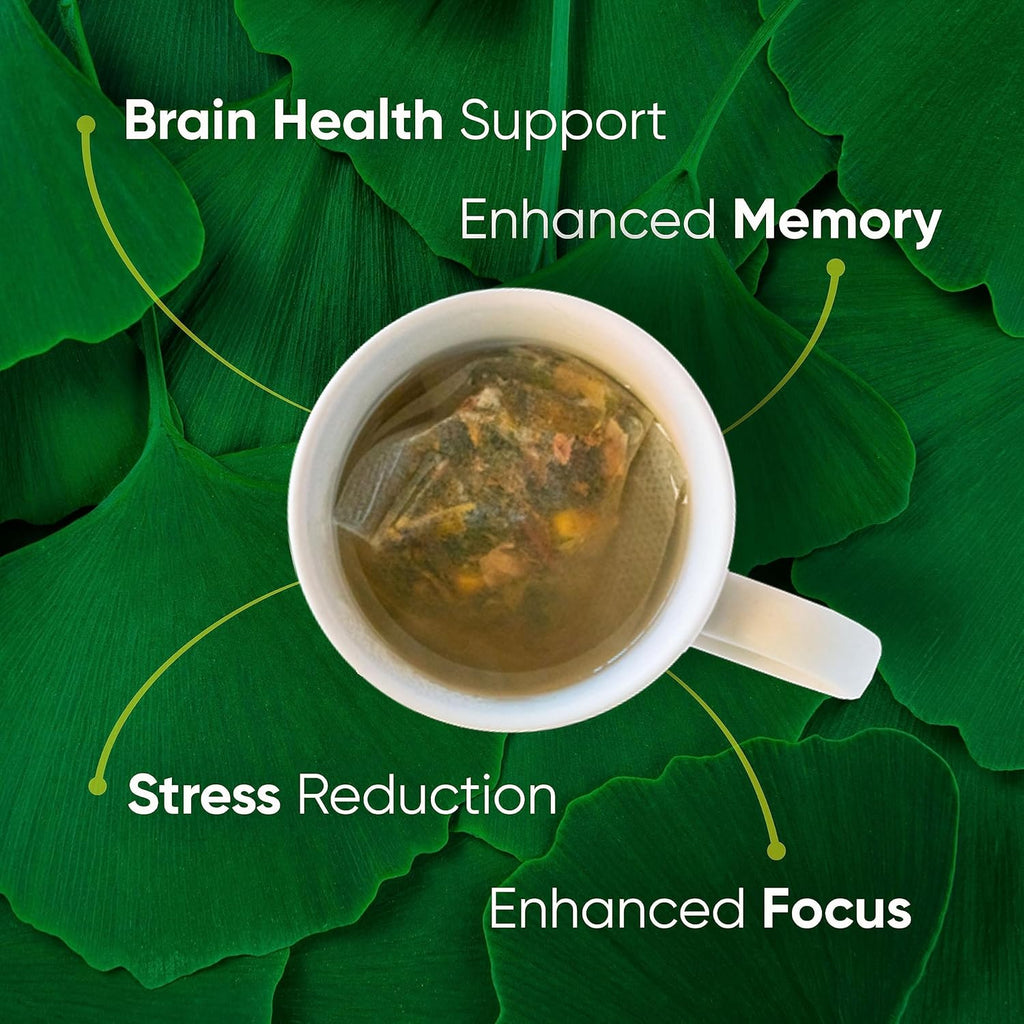 Brain Tea Focus & Memory - Brain Tea Organic Certified 4-in-1 Nootropic Herbal Supplement with Ginkgo Biloba, Gotu Kola, Lion’s Mane Mushroom, MCT Caffeine-Free for Mental Clarity (30 Sachets)