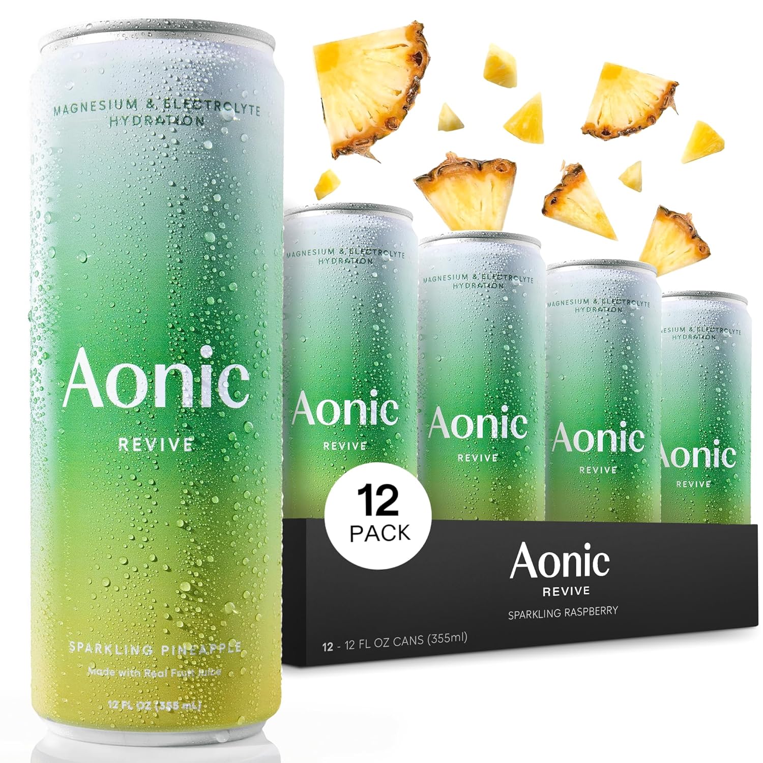 Aonic Revive Sparkling Pineapple – Magnesium + Potassium Electrolyte Hydration Drink, Delicious Taste, Real Fruit Juice, 12oz (12 Pack)