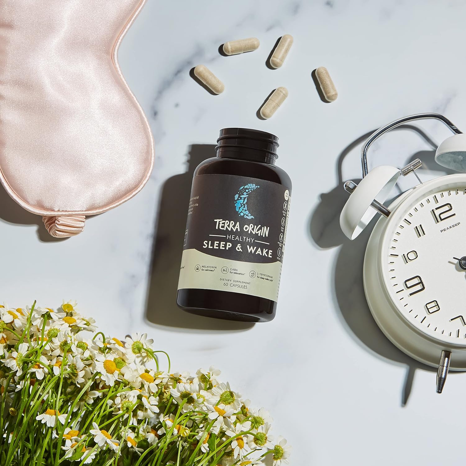 TERRA ORIGIN Healthy Sleep & Wake | Natural Sleep Aid Supplement for Adults | Restful and Awake Refreshed | GABA, L-Tryptophan, Melatonin, Chamomile, Valerian, PassionFlower | 60 Capsules