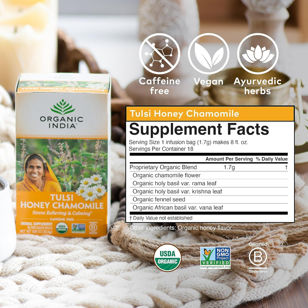 Organic India Tulsi Honey Chamomile Tea Bags - Herbal Tea for Stress Relieving & Calming, Immune Support, Adaptogen, Gluten-Free, USDA Certified Organic, Caffeine-Free - 18 Infusion Bags, 6 Pack