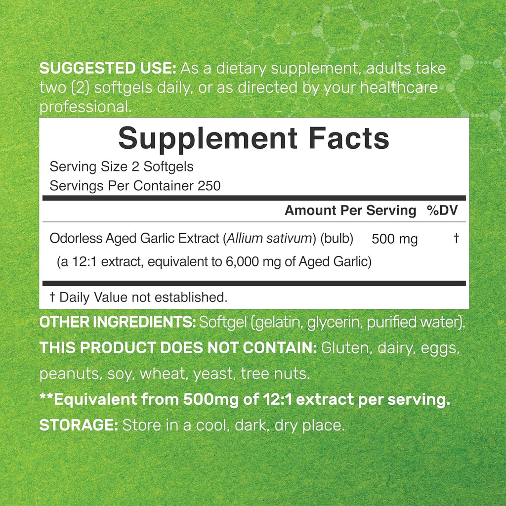 DEAL SUPPLEMENT Odorless Aged Garlic Pills, 6,000mg Per Serving, 500 Softgels – 24:1 Garlic Oil Extract – Fresh Allium Sativum Bulb Source – Heart & Immune Antioxidant Supplements – Non-GMO