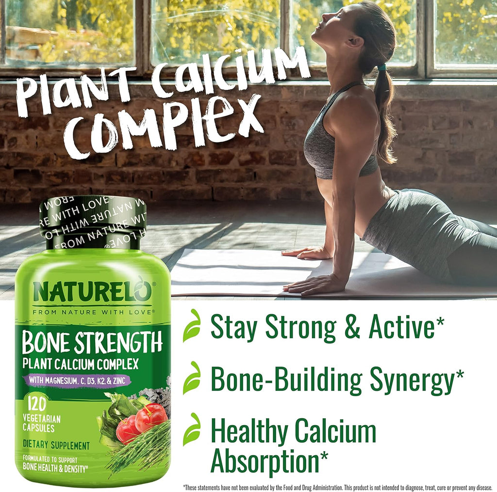 NATURELO Calcium Supplement - with Vitamin C, Vitamin D3, K2, and Calcium Magnesium Zinc for Bone Strength with Calcium 600mg - Plant-Based, 120 Vegetarian Capsules, Non-GMO, Soy & Gluten-Free