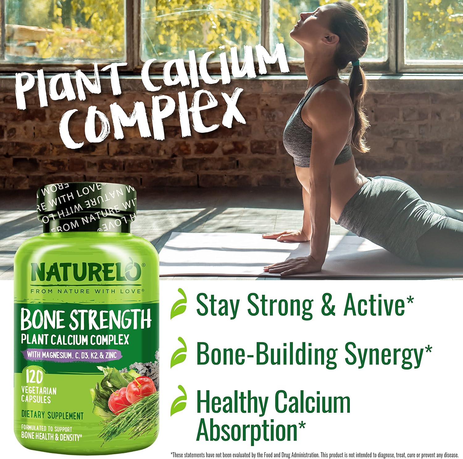 NATURELO Calcium Supplement - with Vitamin C, Vitamin D3, K2, and Calcium Magnesium Zinc for Bone Strength with Calcium 600mg - Plant-Based, 120 Vegetarian Capsules, Non-GMO, Soy & Gluten-Free