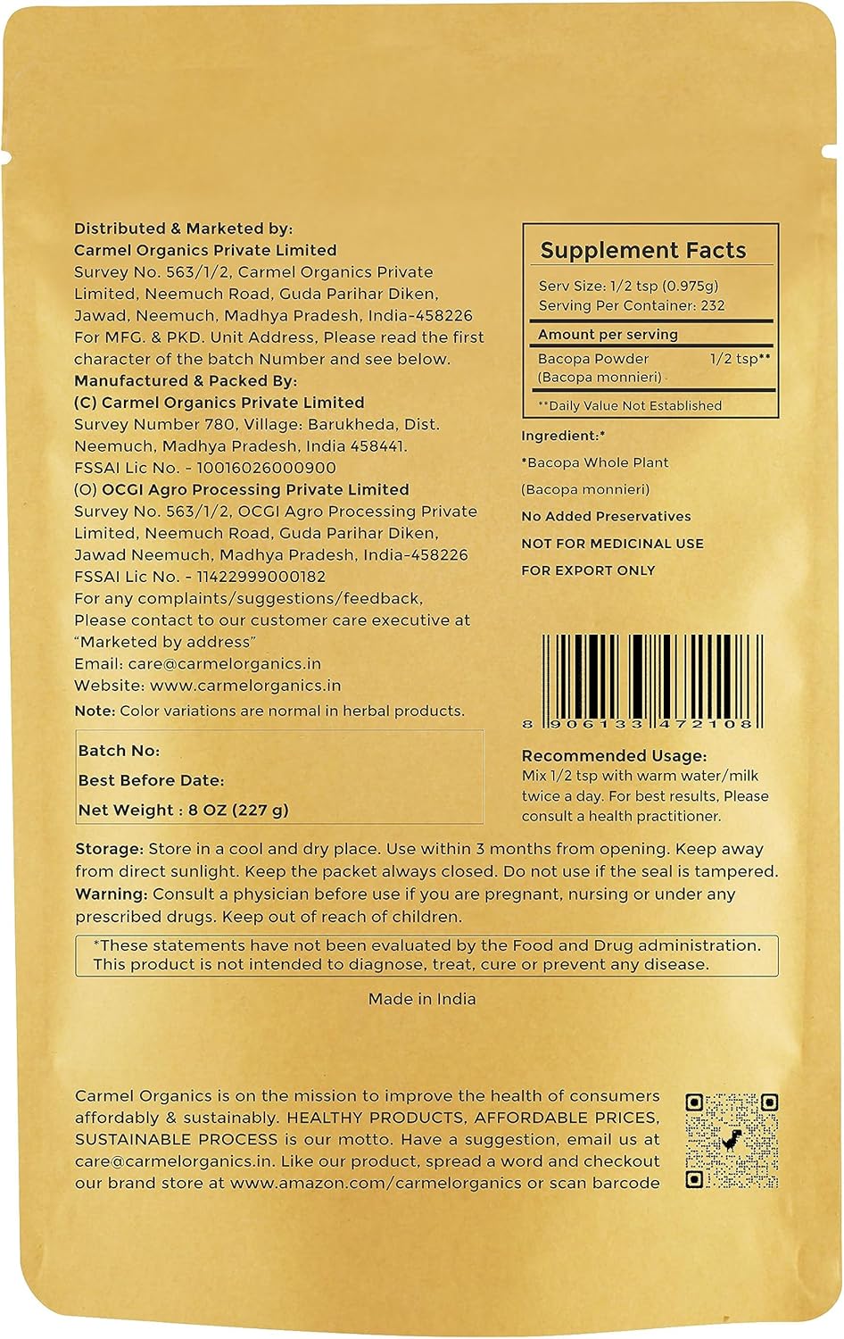 CARMEL ORGANICS Bacopa Monnieri/Brahmi Powder | 8 Ounce or 0.5 Lb/ 227 Grams(Pack of 1) | Natural and Pure Bacopa Powder Non-GMO | No Added Preservative