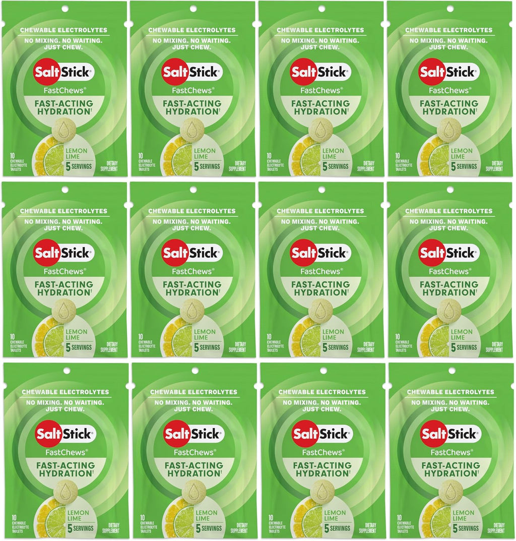 SaltStick Electrolyte FastChews Chewable Tablets, Lemon Lime, 120 count, 12 packets of 10 tablets each