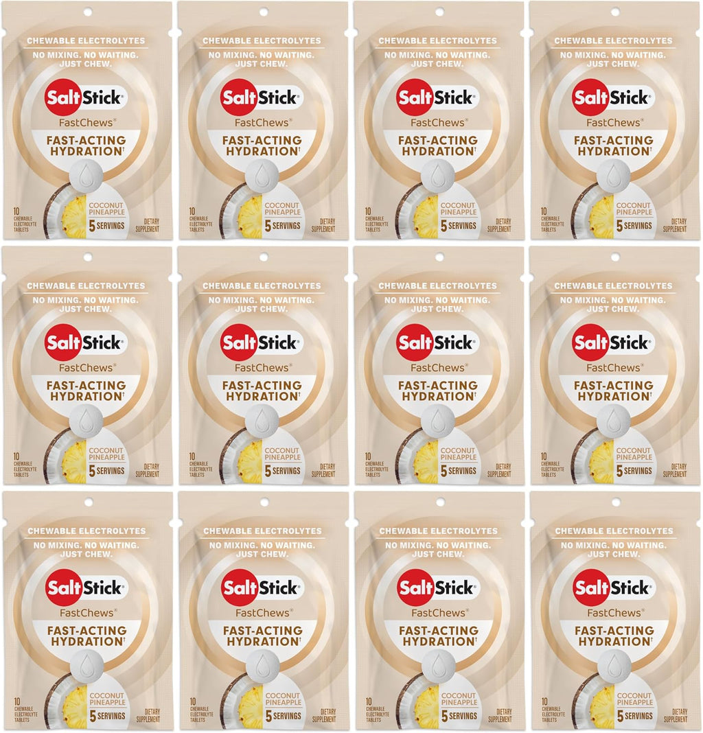 SaltStick Electrolyte FastChews - 120 Count Coconut Pineapple Flavor - Electrolyte Tablets for Hydration, Salt Tabs - 10 Count (Pack of 12)