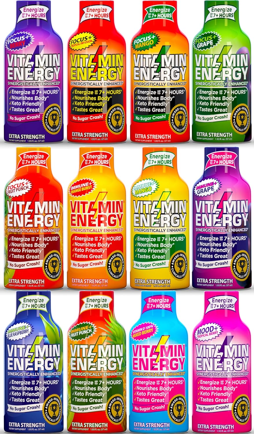 Vitamin Energy Extra Strength Energy Shot Variety Pack 12 Pack, 260mg Natural Caffeine, B-Vitamins, Vitamin D, NALT, Rhodiola, Mood, Focus, Immunity & Strength Support, Zero Sugar, Vegan, 1.93 fl oz
